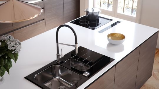 Black kitchen and black accents:  kitchen sink, kitchen taps ...