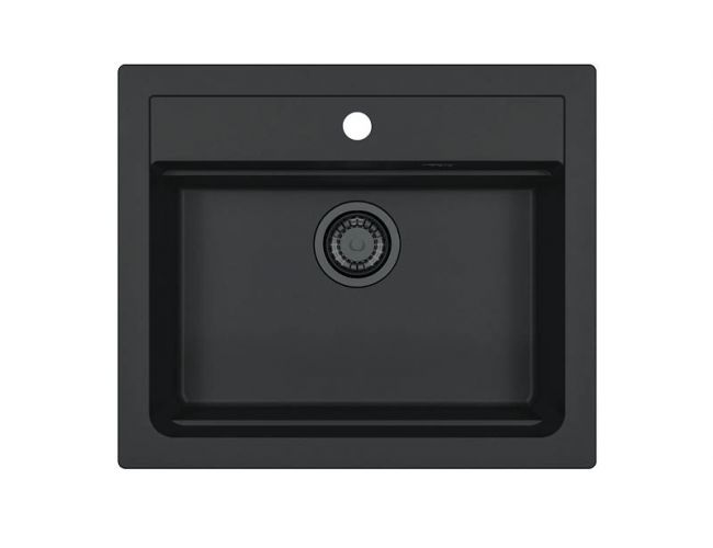 popolnoma črno, granitno korito za kuhinjo s črnim odtokom Alveus Atrox 30 QC Black Edition
