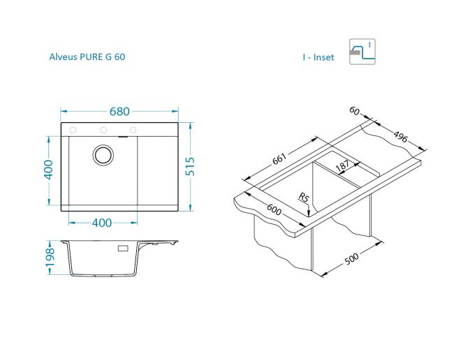 Dimenzije Pure G 60 pomivalno korito